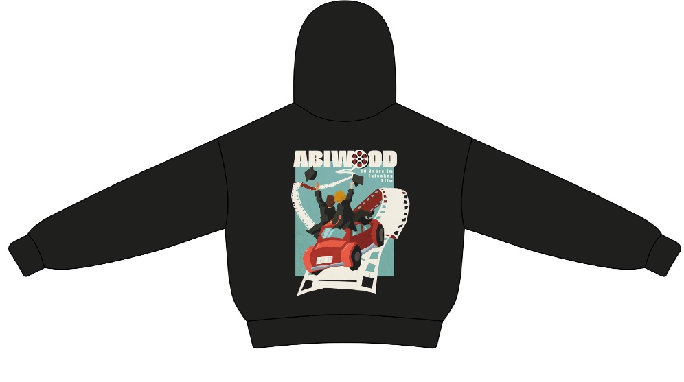 Rückansicht des Hoodies mit großflächigem ABIWOOD-Motiv