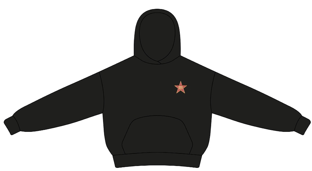 Vorderansicht des Hoodies: dunkler Kapuzenpullover mit kleinem Stern-Aufdruck auf der linken Brust